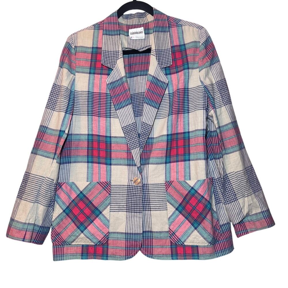 Country Suburbans Blazer‎ 14 Multi Plaid Single Button Vintage Preppy Academic